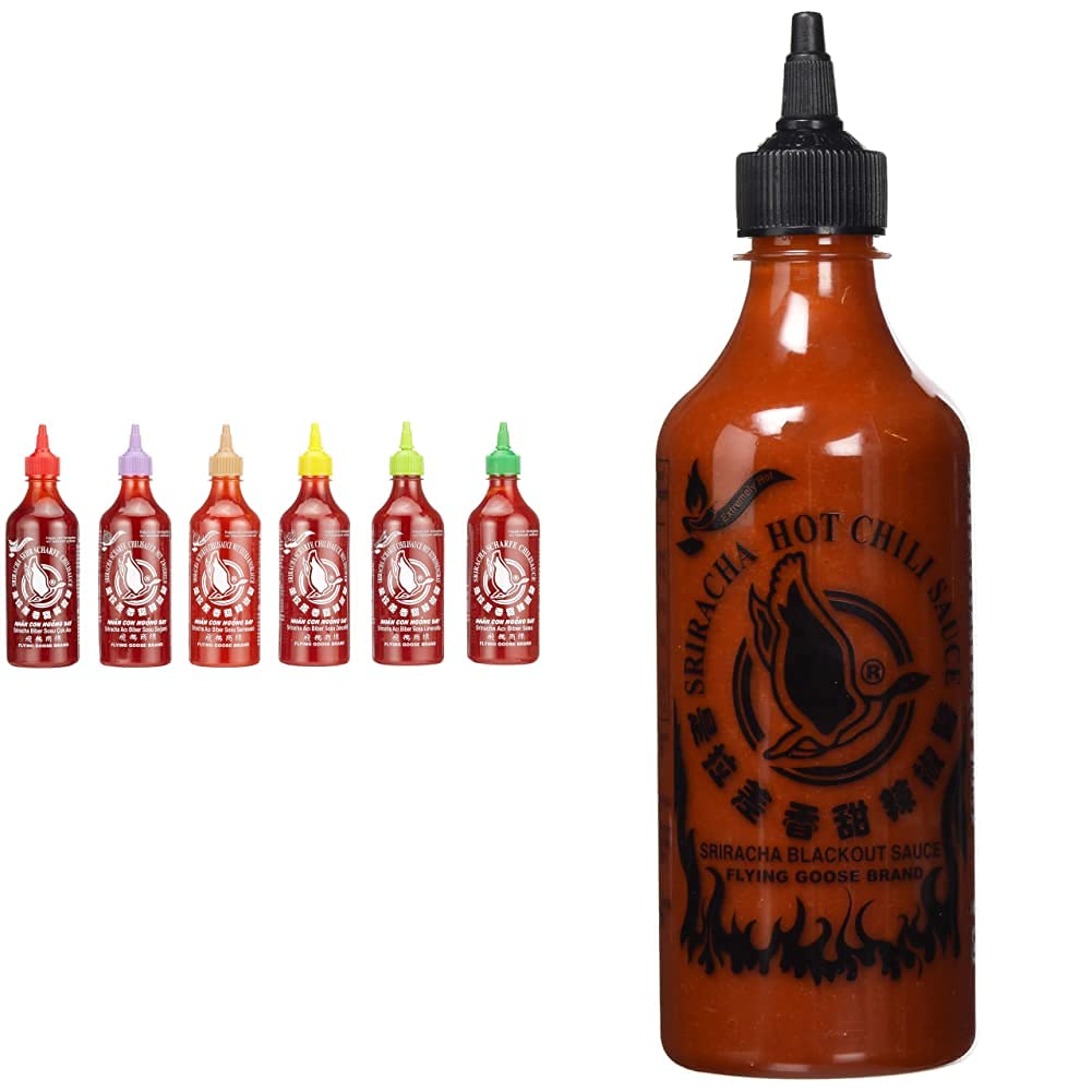 Flying Goose Sriracha scharfe Chilisaucen Mischkarton (in 6 Geschmacksrichtungen, Würzsaucen aus Thailand zum Würzen) 6er Pack (6 x 455ml) & Sriracha Chilisauce "BLACKOUT", (455 ml)