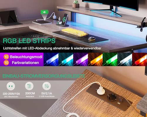 Miniatura 6 de Odk Escritorio Con Cajones, Escritorio Esquinero Reversible Con 2 Enchufes Y 2 Puertos Usb, Mesa De Oficina En Forma De L Con Led Para Oficina En Casa, Roble Gris, 135 110 Cm