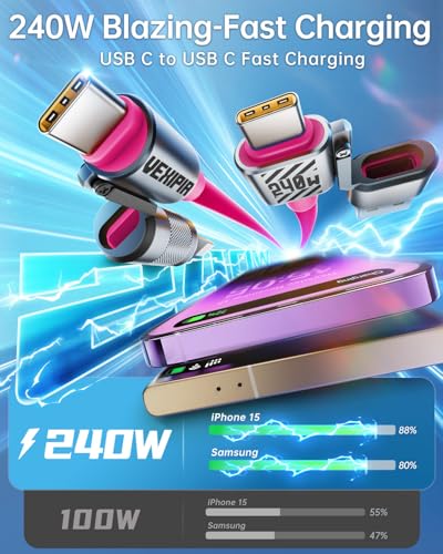 Image of 4 in 1 USB C Cable 240W 5FT Fast Charging & Data Transfer, Thicker Silicone Multi Charger Cord for iPhone iPad Charger Wire Combo with L /Type C /USB A for iPhone 16 /15 /Macbook (Pink)