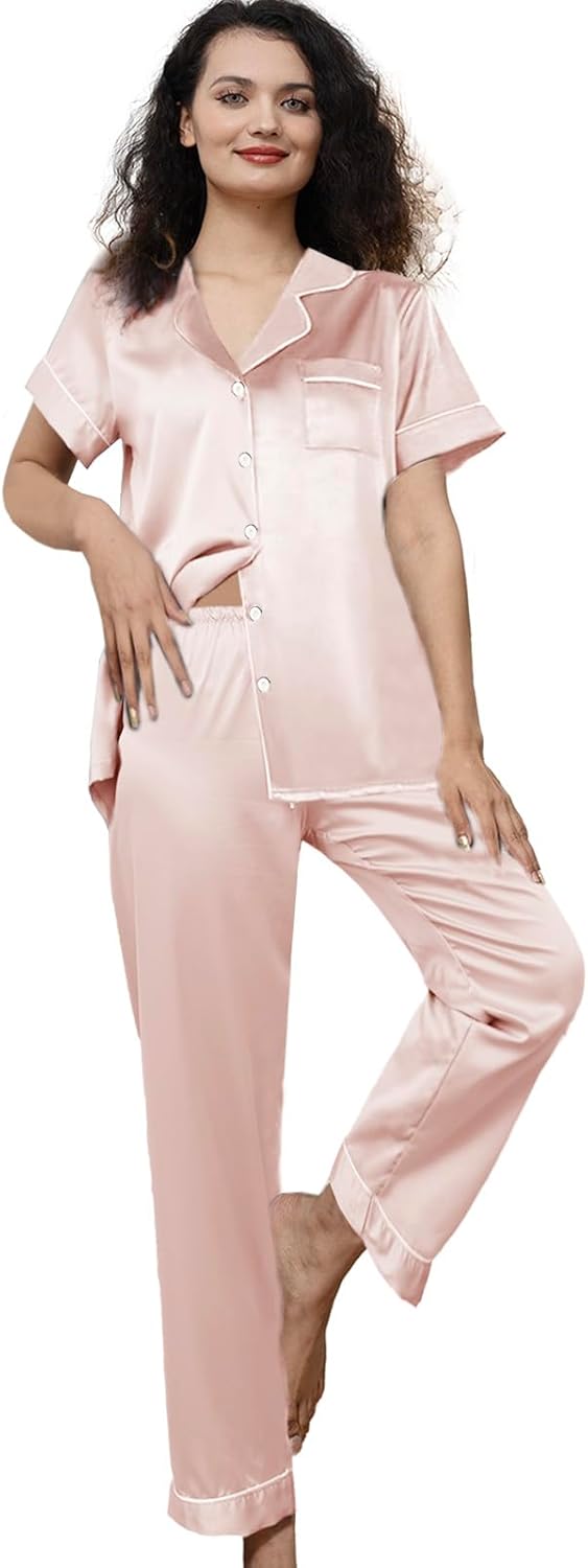 Womens Pajamas Set XS-3XL Floral Silk Satin Pajama Sets Silky Pj Sets 2Pcs Loungewear Sleepwear Button Down Pjs