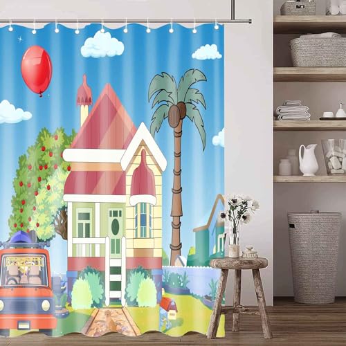 Image of Blue Them Balloon Cartoon House 60x72 Decorative Shower Curtain With Hooks | Bluey Backdrop With Cartoon House Red Balloon Print, Polyester Shower Curtain, With Hooks For Bathroom Decoration