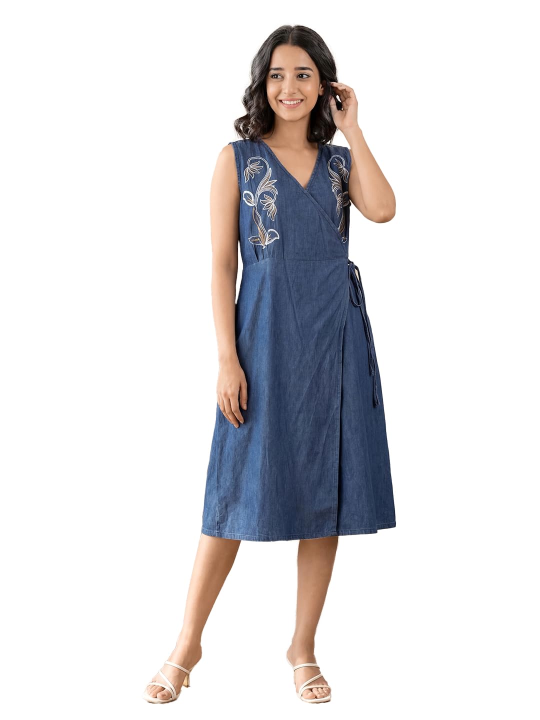 juliana dream Women Blue Cotton Denim Wrap Dress | Sleeveless V Neck Embroidered Midi Length | Casual Summer for Womens-picture-16