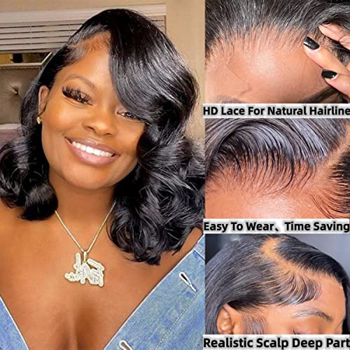 Rulinda Bob Wig Human Hair Body Wave 6X5X1.25 Inch Large C Part Lace Front Wigs 180% Density Undetectable Hd Lace Wigs Plucked With Baby Hair Natural Color (10Inches) #TOP3