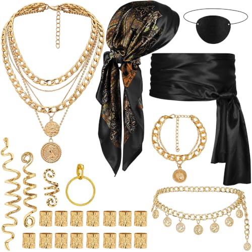 Cudroza Pirate Accessories Women, Pirates Costume Accessories Set with Head Scarf Black Sash Eye Patch Jewelry and Earrings, Pirate Outfit for Halloween Party Pirate Night Cruise for Women Men