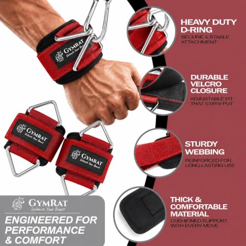 Image of GYMRAT RED Wrist Cuffs with D-Ring, Wrist Wraps for Weightlifting with Neoprene Padding, Wrist Straps for Cable Machines