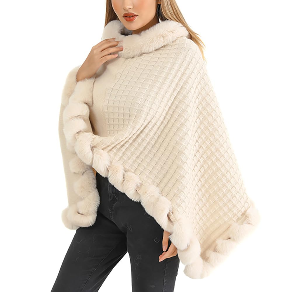 Elegantes chal lisos de gofre para mujer, Suéteres de piel abrigados de cinco puntas para mujer, Poncho con ribete de piel sintética