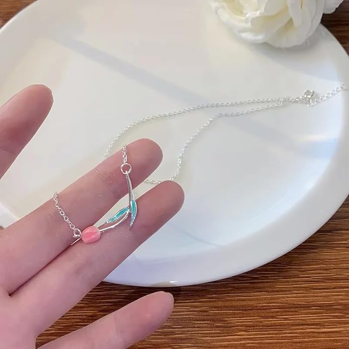 Image of El Regalo 1PC Tulip Flower Bud Pearl Pendant Necklace for Girls & Women- Pink Oil Dripping Enamel Tulip Flower Necklace (Tulip Flower)