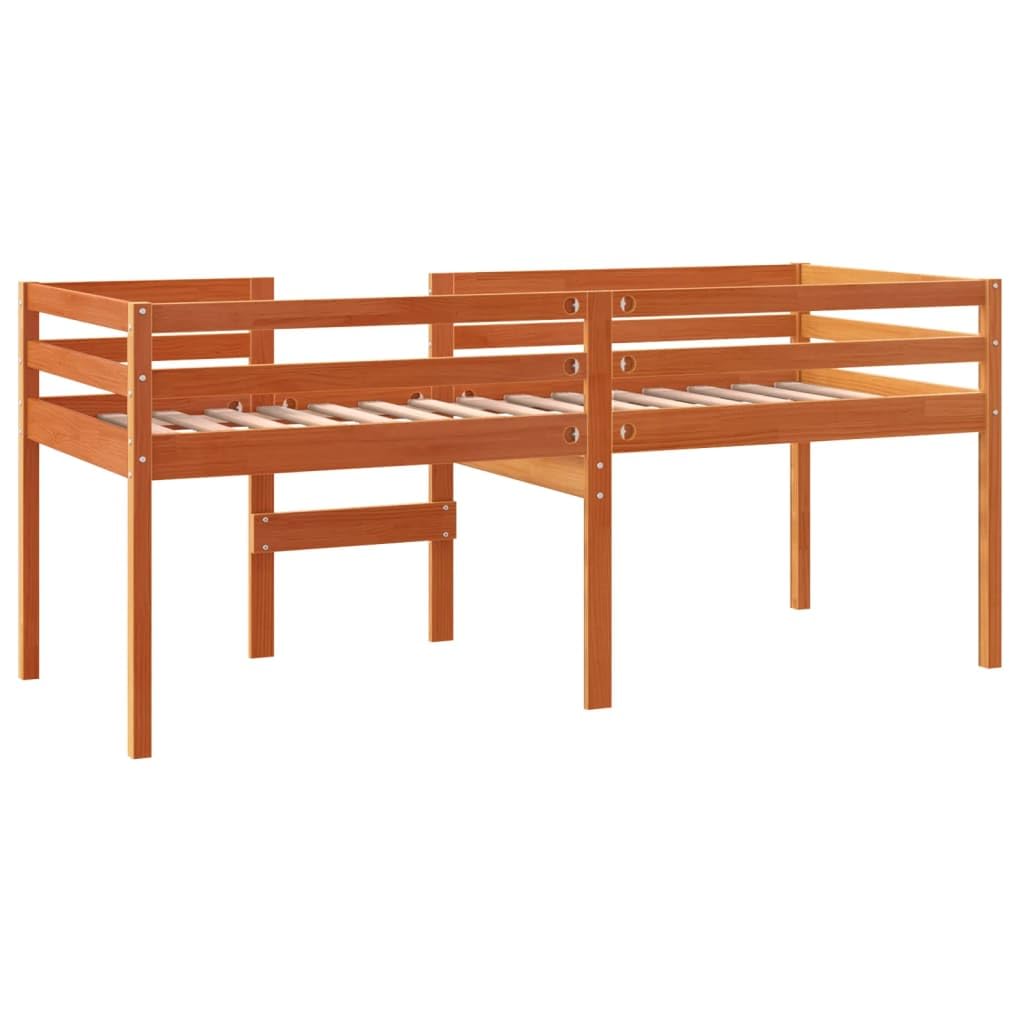 Cama alta marrón cera 80 x 200 cm madera maciza de pino, estructura de cama robusta para niños y jóvenes, mueble para dormitorio, diseño seguro con escalera
