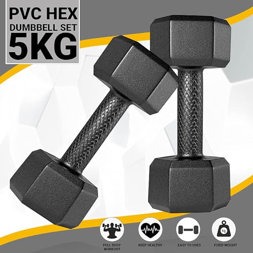 Image of PVC Hex Dumbbells Pack of 2 (5kg*2) Black Color for Home Gym Equipment Fitness Barbell|Gym Exercise|Home Workout, Gym Dumbbells|Dumbbells Weights for Men & Women