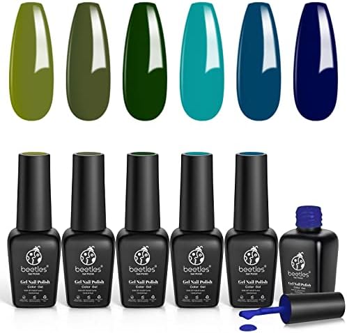 Beetles Green Gel Nail Polish Kit - Olive Green Avocado Gel Polish Set Spring Summer Gel Nail Kit Navy Blue Dark Blue Turquoise Soak Off Nail Lamp Nail Gel Kit Nail Art Gifts Box