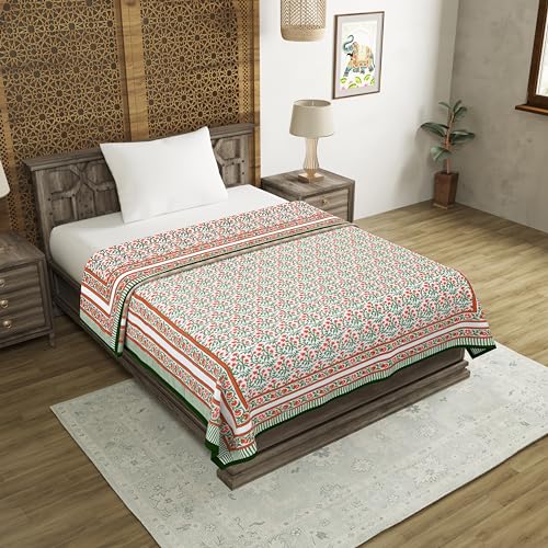 Image of BLOCKS OF INDIA Hand Block Printed Cotton Single Size Reversible Malma Dohar for Summer (Red Green Jaal, 200 Tc)