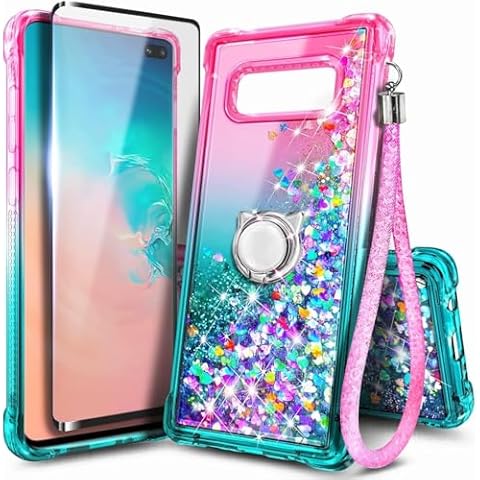 E-Began Case for Samsung Galaxy S10 with Screen Protector (Maximum Coverage, Flexible TPU Film), Ring Holder/Wrist Strap, Glitter Flowing Liquid Women Girls Kids Cute Case -Pink/Aqua Cover