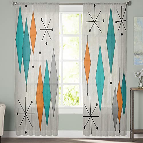 Sailground Window Sheer Curtains For Bedroom Retro Mid Century Modern Geometric Diamond Elegant Natural Window Treatments Light Filtering Rod Pocket Voile For Living Room #TOP2
