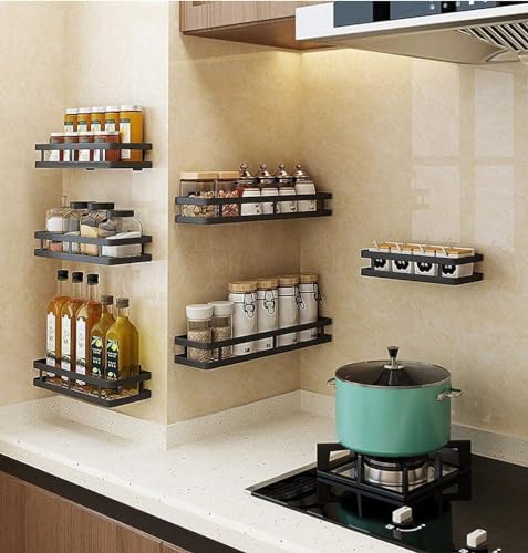 Image of Wall Mounted Spice Rack Organizer 4 piece Pack,Hanging Spice Seasoning Rack Shelf Holder Organizer Storage for Kitchen Cabinet Pantry (Modern) (Classic) with 5 Hooks