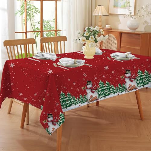 Quimoy Christmas Tablecloth 60×84 Inch Rectangular, Washable Xmas Trees Snowflake Table Cover, Red Winter Xmas Snowman Table Cloth for Christmas Party Picnic Kitchen Dinner Decor – Image 8