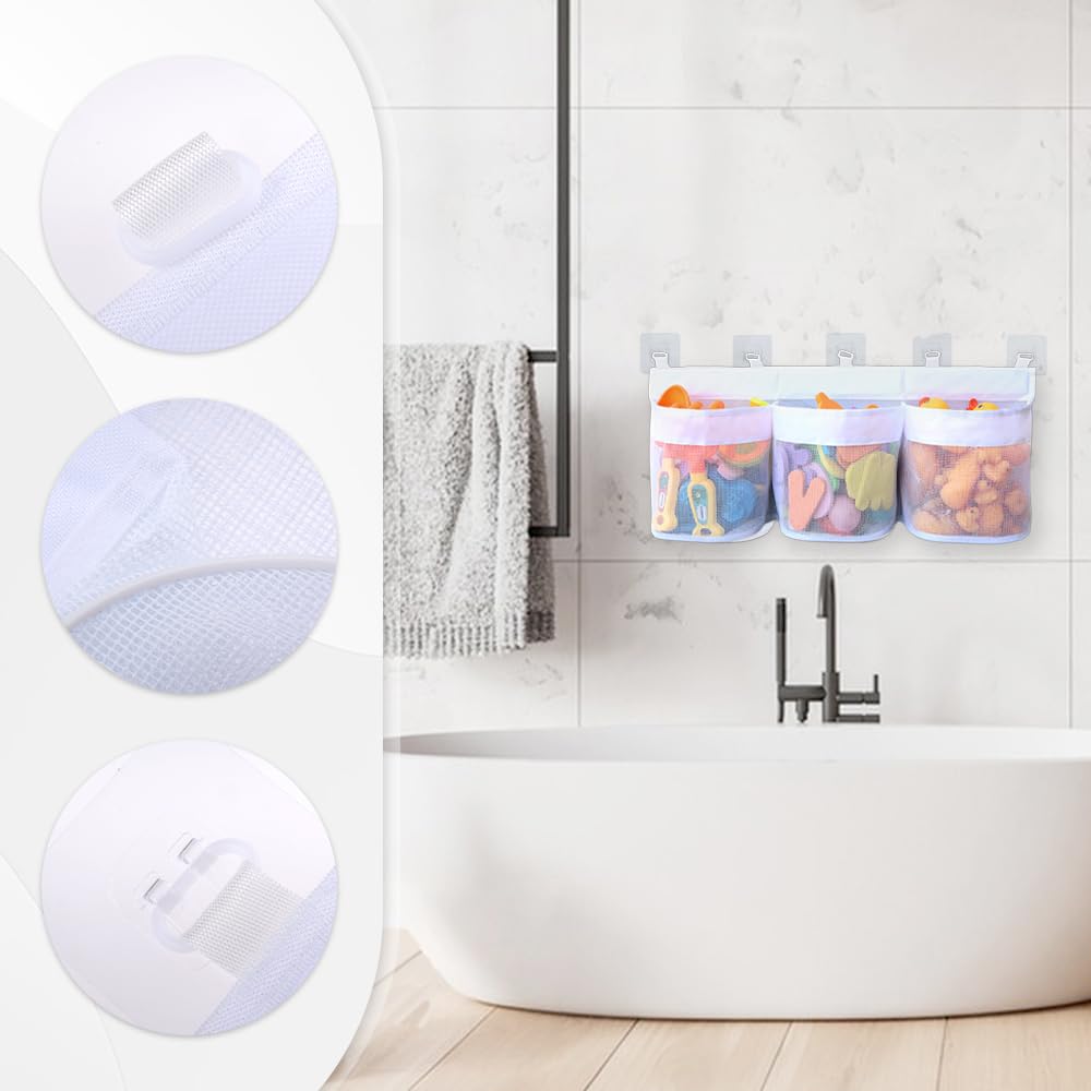 Filet Rangement Jouets Bain Bébé - Avec 2 Crochets Ventouse, Blanc, Organisateur Douche Pratique
