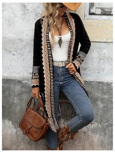 Women's Open Front Long Sleeve Cardigans Shirt Geo Pattern Casual Loose Knit Sweater with Pocket4