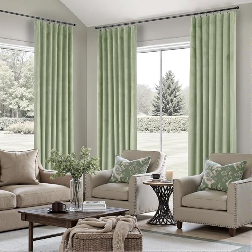 Image of Sage Green Boho Velvet Curtains 90 Inches Long for Living Dining Room Divider Super Soft Textured Heritage Plush Mid Century Modern Farmhouse Drapes for Nursery Kids Bedroom Vintage Victorian 2 Panels