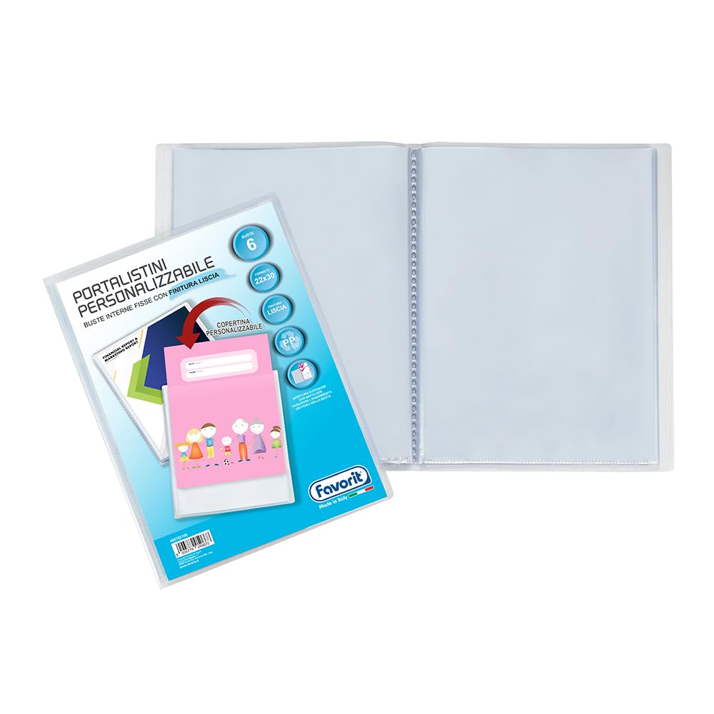 FAVORIT Display Book with Fixed Envelopes and Front Pocket Customisable for Sheets 6 Envelopes, 22 x 30 cm, Transparent
