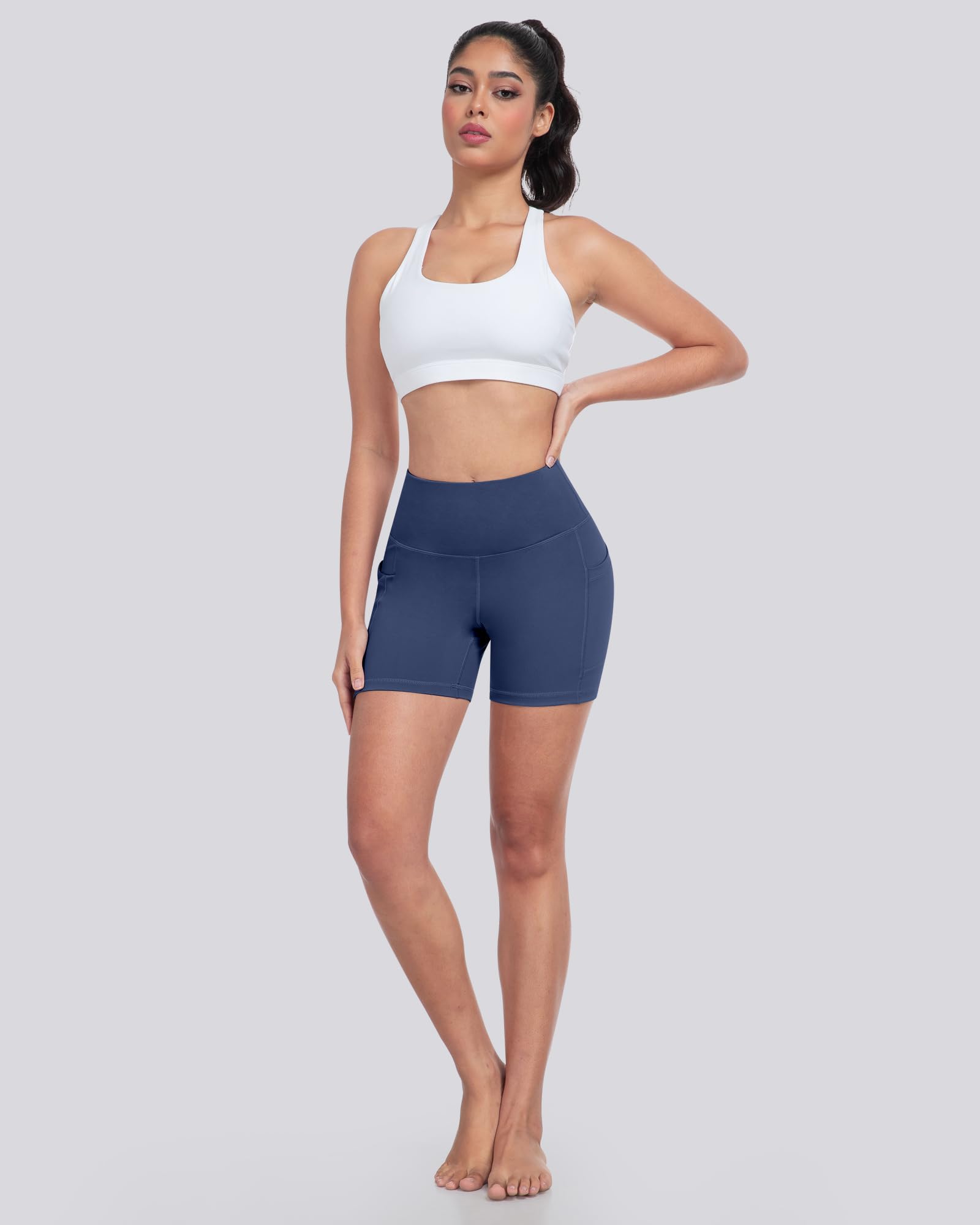 LZYVOO Pantalones Cortos de Elastano para Mujer con Bolsillos, Pantalones Cortos de Cintura Alta para Yoga y Entrenamiento, Paquete de 5: Negro, Gris Oscuro, Azul Marino, borgoña, Verde Militar, M