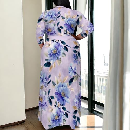 Image of SUZONANA Plus Size Maxi Dresses for Curcy Women Casual Loose 3 /4 Sleeve Long Dress with Belt
