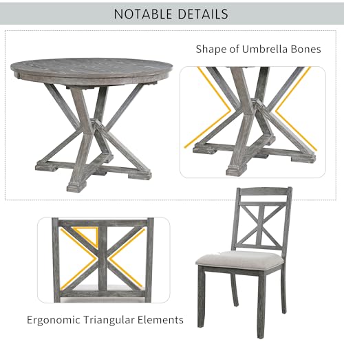 Image of 5-Piece Extendable Dining Set, Retro Kitchen Table for 4 6 People with Removable Middle Leaf and 4 Upholstered Chairs, Round Dining Table for Kitchen, Dining Room, Grey