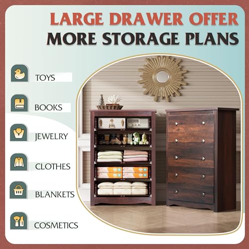 WLIVE Wood Dresser with 5 Drawers, 45" Tall Dresser for Bedroom, Chest of Drawers, Storage Cabinet and Organizer Drawers for Living Room, Hallway, Closet, Rustic Brown