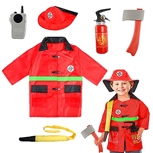 SATKULL Kids Fire Chief Costume, Halloween Fireman Dress Up Set, Fire Fighter Outfit, Pretend Role Play Firefighter Gifts