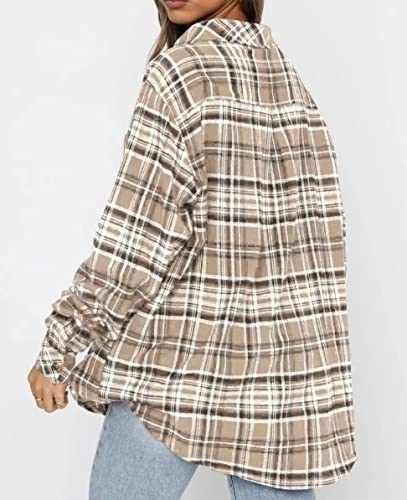 Lacozy Women's Long Sleeve Buffalo Plaid Shirts Casual Classic Button Down Blouse Loose Tunics Apricot Medium #TOP2