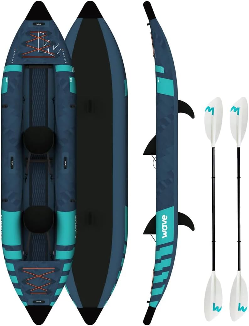 WAVE Explorer Inflatable PU Stitch Kayak | Inflatable Seat, Foot Pump, Kayak Paddle, 2 Detachable Fins, Kit Bag, and Repair Kit | Navy WAVE Explorer Inflatable PU Stitch Kayak | Inflatable Seat, Foot Pump, Kayak Paddle, 2 Detachable Fins, Kit Bag, and Repair Kit | Navy