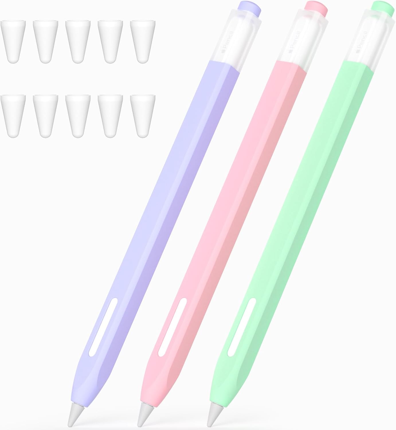 [3 Pack] Pencil Case for Apple Pencil pro/2nd Gen, Classic Design, Durable Silicone Case, [with 10 Silicone Tip Cover], Pink, Gray, Mint