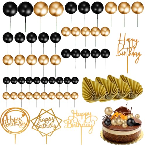 58PCS Black & Gold Cake Decorations - Cake Balls Palm Leaf Wedding & Birthday Party Supplies