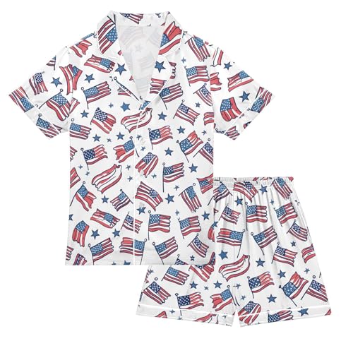 ALAZA Cartoon American Flag Star Striped Satin Pajamas Set Short Sleeve Button Down Sleepwear Summer Pjs 2 Piece