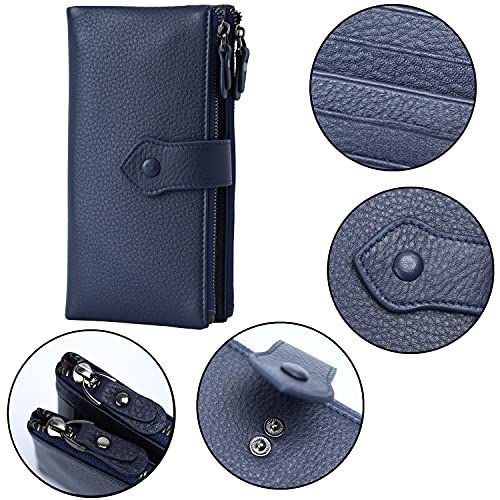 Bveyzi Women Soft Leather Rfid Blocking Bifold Slim Wallets Ladies Credit Card Holder Double Zipper Pocket(Deep Blue) #TOP2