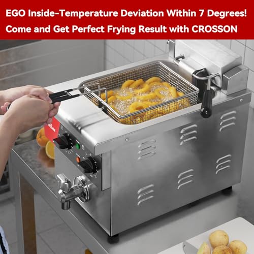 CROSSON Friteuse Electrique Professionnelle en acier inoxydable 8L,230V/3250W Friteuse a Huile électrique avec Robinet,Régulateur de Température 80℃-200℃,avec Panier et Couvercle – Image 4