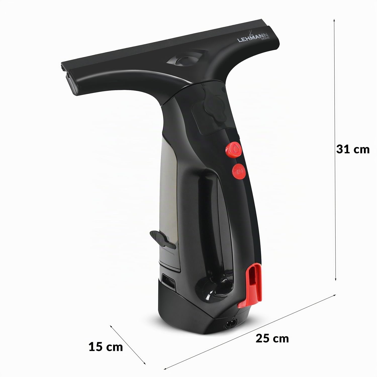 LEHMANN Lavavetri Elettrico con Gomma Extra Sostituibile, Aspiragocce a Batteria 25 cm, Pulisci Vetri con Spray Integrato, Lancia Telescopica & Panno in Microfibra