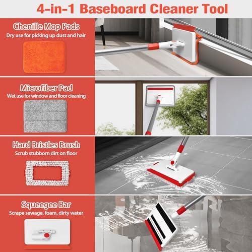 JEHONN Wischmopp Fliesenreiniger Gerät mit Langem Griff 142 cm, Wand und Fußleisten Reiniger, 4-in-1 Fliesen Reinigungsgerät mit 1 Bürste, 2 Chenille, 2 Mikrofaserpads für Fußbodenleiste – Bild 4