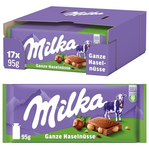 Milka Alpenmilch-Schokoladentafel mit ganzen Haselnüssen Tafelschokolade mit knackigen Nüssen 17 x 95 g