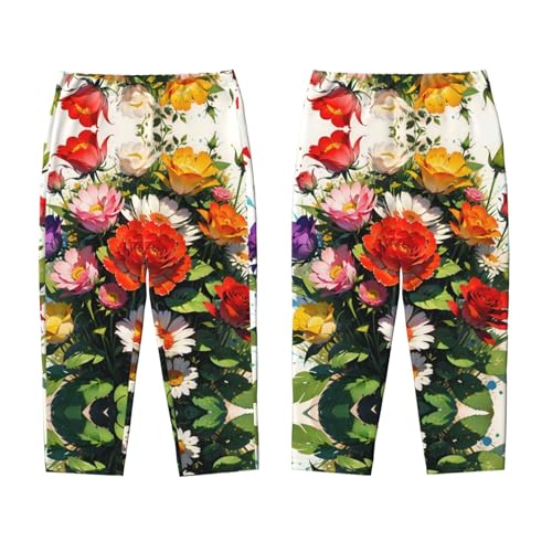 Pajama Pants Pajama Bottoms with Elastic Waistband Sleepwear Lounge Pants, Colorful Rose Flowers Sunflowers3