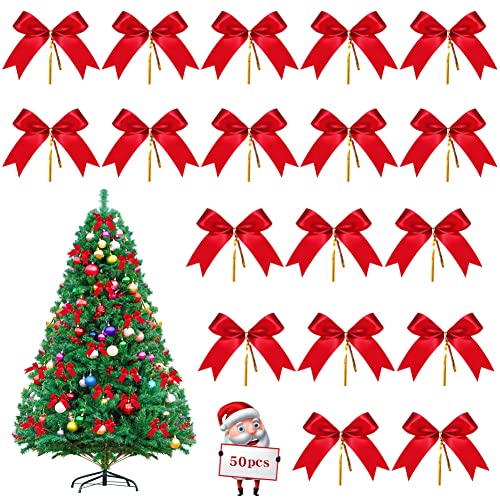 PINTOPUNTO Noeuds de Noël, 50 Pièces Décoration de Noeuds de Sapin de Noël, Noeuds de Noël Rouges pour Sapin de Noël, Décoration de Cadeau, Guirlande de Noël Cover