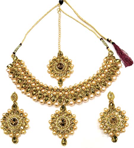 Image of HARITA Golden Gold Plated Traditional Necklace Set Jewellery with Maang Tikka and Earrings for Women