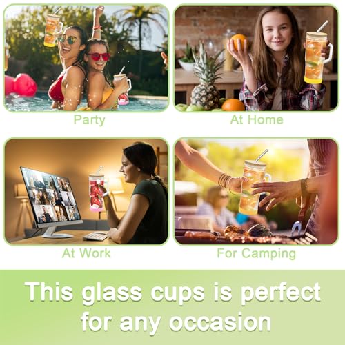 Glass Cups with Lids Straws 2Pack 24oz Mason Jar Tumblers Cup with Handle Wide Mouth Iced Coffee Cup Reusable Drinking Glasses Travel Mug for Smoothie Beer Juice Tea Gifts Clear
