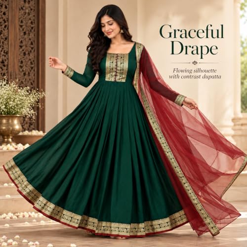 Image of Elegant Vichitra Silk Gown with Jacquard Zari Border - Includes Soft Net Dupatta with Lace Trim - Parrty Wear Ethnic Dress for Women & Girls