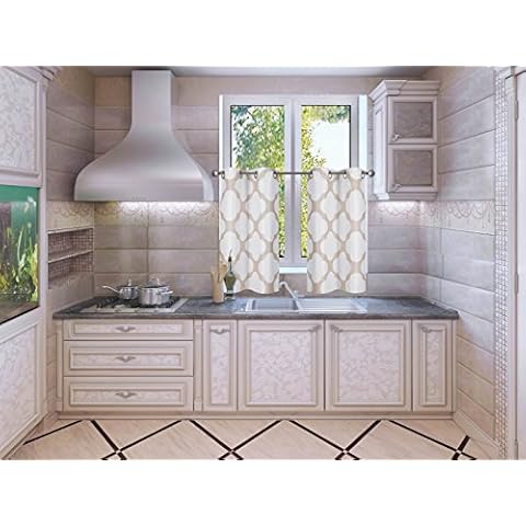 Elegant Home 2 Panels Grommet Tiers Printed Small Window Treatment Curtain Insulated Blackout Drape Short Panel 30" W X 36" L Each for Kitchen Bathroom or Any Small Window # Zain (Ivory Taupe) Cover