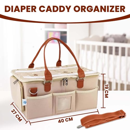 Image of OCEANEVO Cute Felt Diaper Caddy Organizer Bag with Lid and Removable Shoulder Strap | Baby Basket Essentials for Newborn Baby Products Storage with Compartments | 40 x 27 x 19 cm | Model 2 - Beige