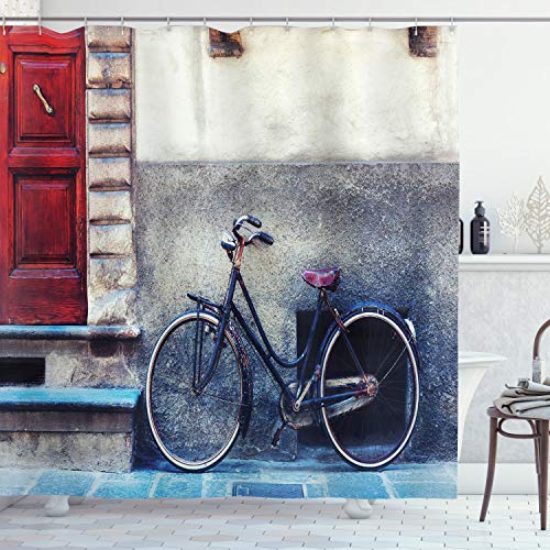 Ambesonne Bicycle Shower Curtain, Vintage Themed Bicycle Leans City Walls