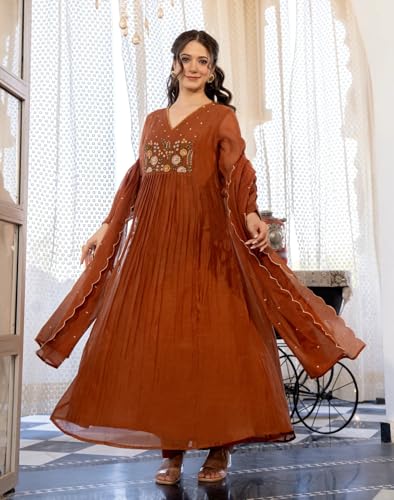 Image of Nermosa Women Embroidery Solid Anarkali Kurta and Pant Set with Dupatta