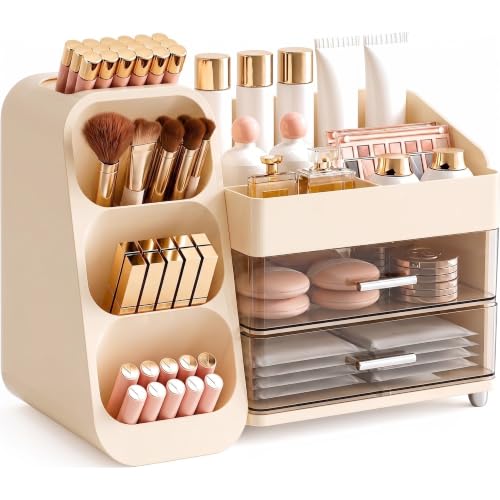 Image of Booklov Makeup Organizer for Vanity, Large Capacity Cosmetic Display Case with Clear Acrylic Drawer, Countertop Beauty Storage Holder for Skincare, Brush Eyeshadow Lipstick Counter Desk, Crystal Cream