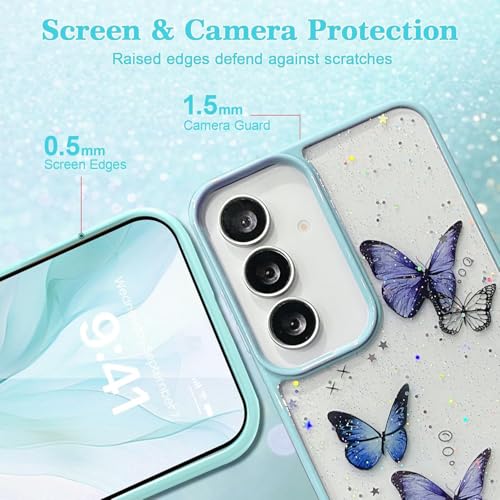 Image of VONZEE for Samsung Galaxy S24 FE Clear Glitter Butterfly Case, Cute Bling Sparkle Shiny Soft Silicone TPU Bumper Shockproof Women Girls Slim Protective Phone Cover for Galaxy S24 FE, Mint