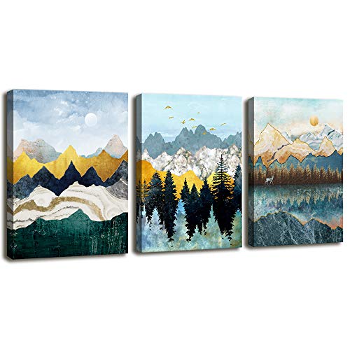 Abstract Geometric Mountain Watercolor Painting Wall Decoration for Bedroom 3 Piece 12″ X 16″ Abstract Canvas Wall Art for Living Room Modern Canvas Prints Kitchen Bathroom Wall Decor Office Home